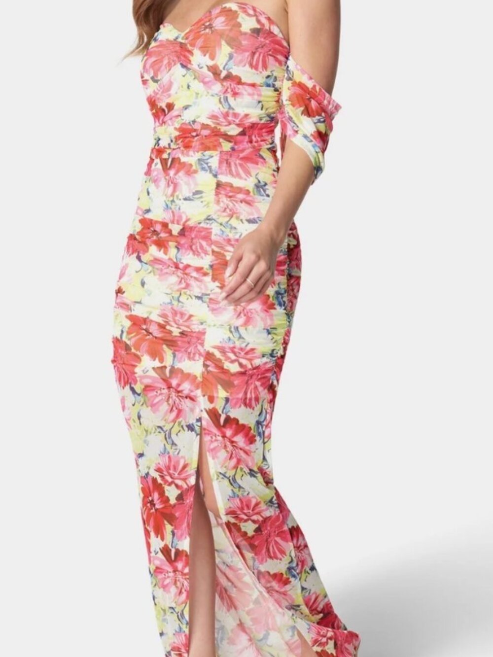 NWT Bebe Printed Off-The-Shoulder Mesh Floral Maxi Dress. Size XL
